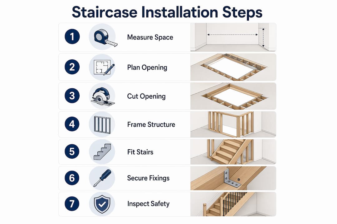 Infographic illustrating loft staircase installation steps