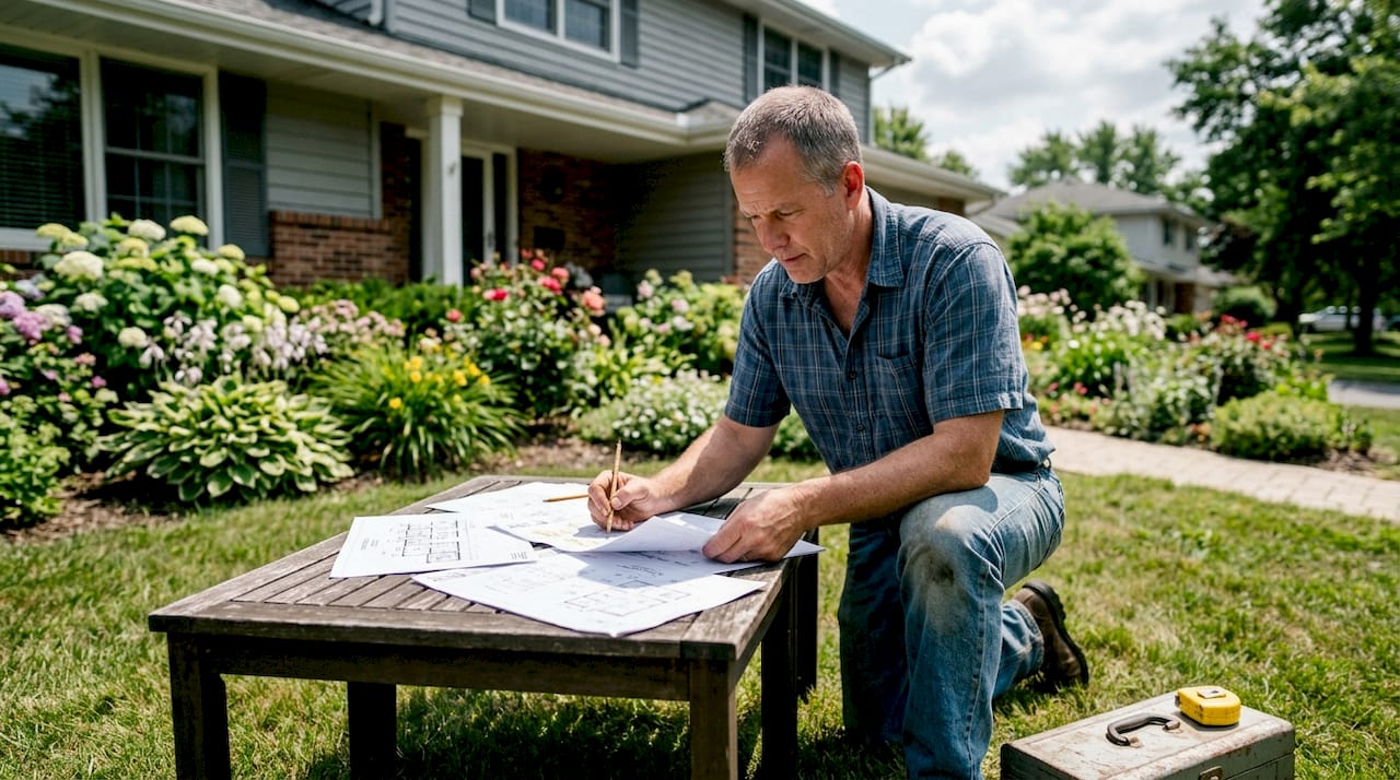 Man reviewing house exterior upgrade plans on porch