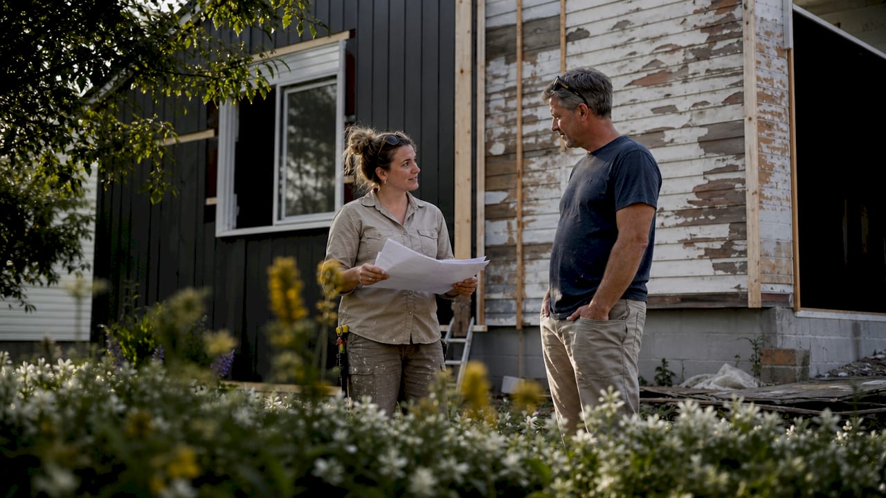 Contractor and homeowner discussing phased exterior renovation