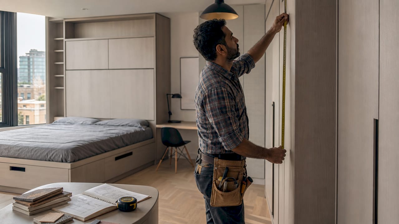Carpenter measuring bespoke joinery in bedroom