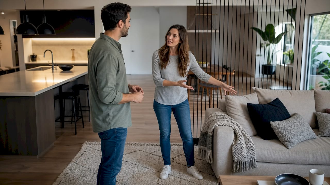 Open plan space with distinct zoning areas and pathway