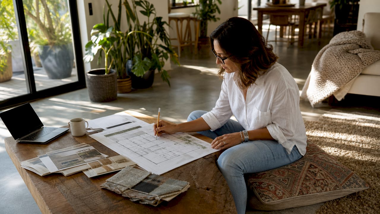 Interior designer reviewing open plan layout