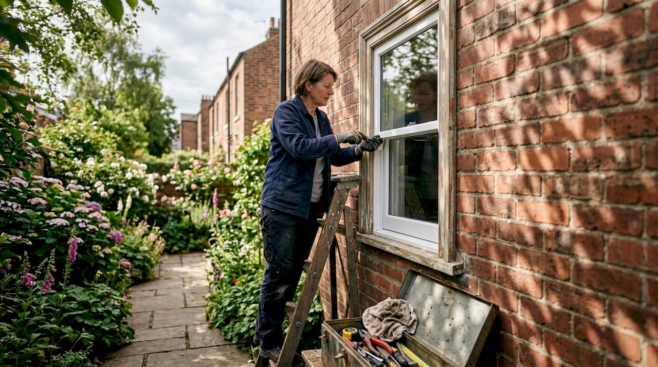 Woman installing double-glazed sash window