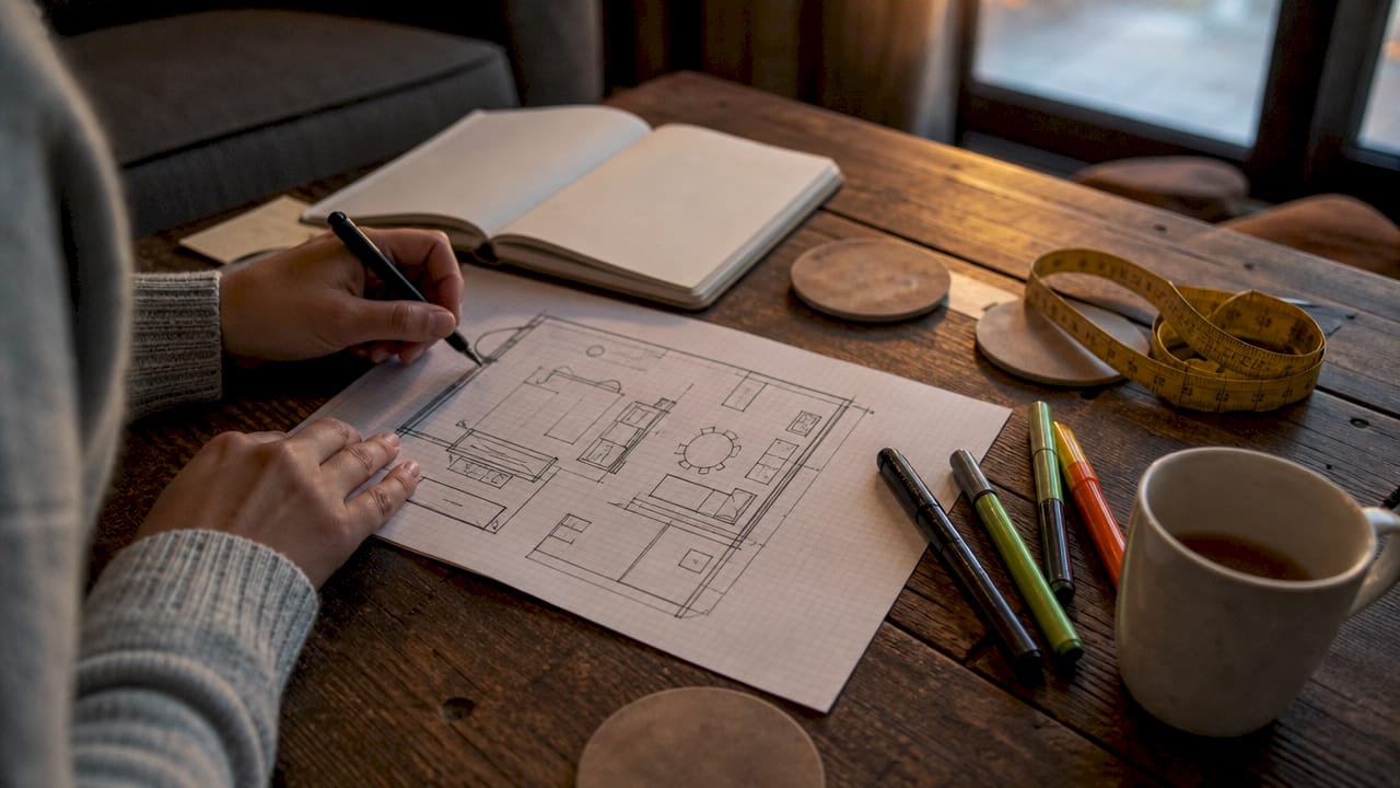 Hands sketching room layout on graph paper with tools