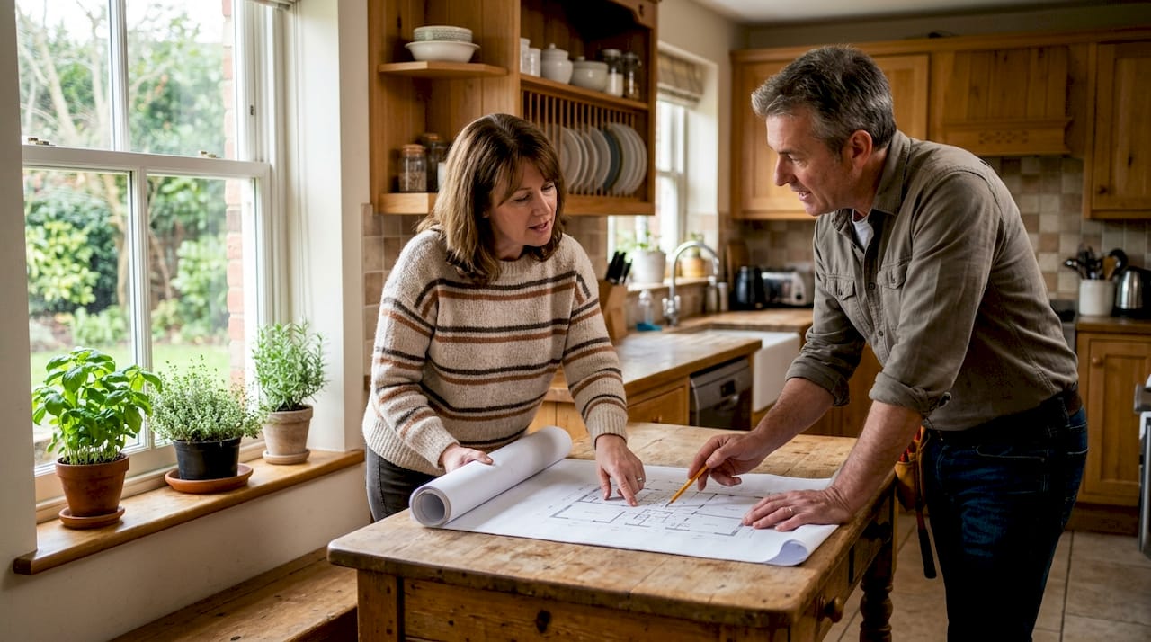 Homeowner discussing space plan with contractor indoors