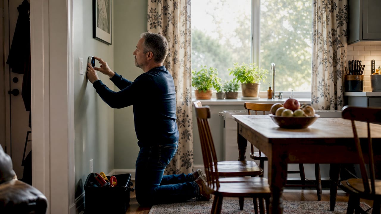Homeowner installing smart thermostat on wall