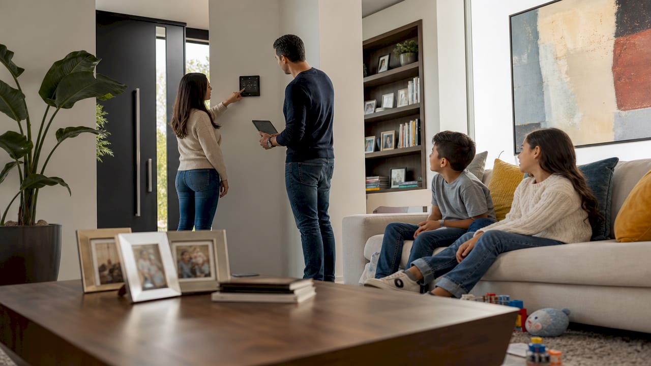 Family interacting with smart home security panel