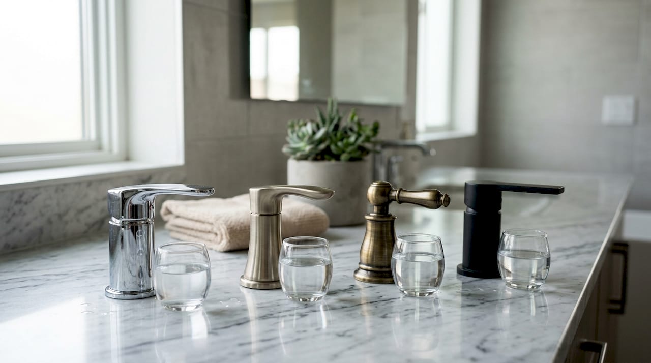 Close-up of various bathroom faucet finishes on vanity