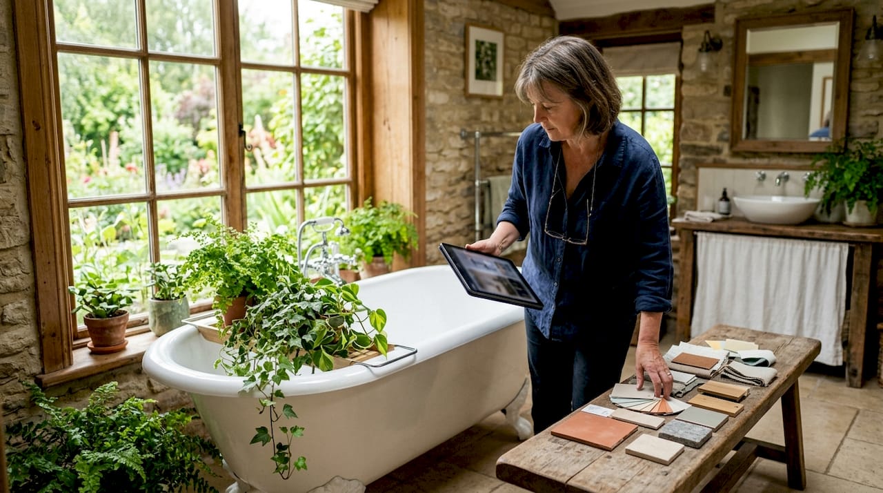 Woman reviewing bathroom fixture options in modern home