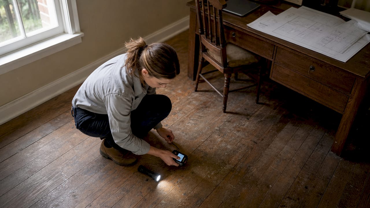 Surveyor checking wooden floorboards indoors