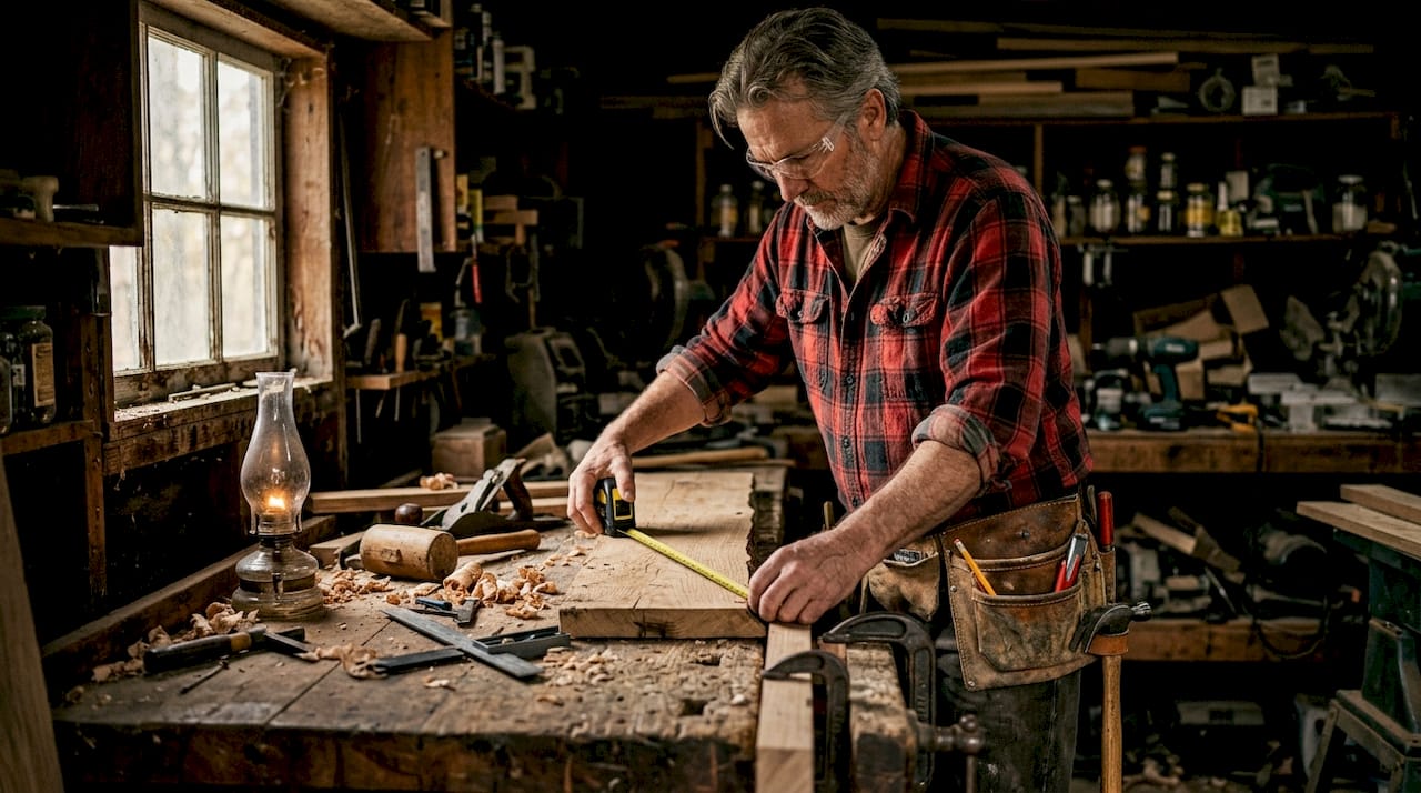 Carpenter measuring wood plank in home workshop