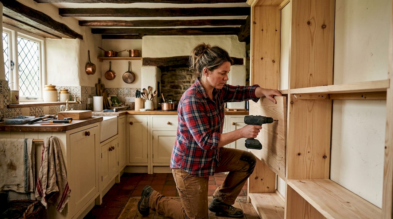 Woman installing built-in shelving in living room alcove