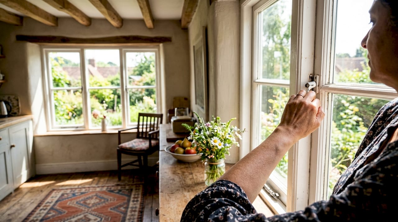Woman opening window for home ventilation