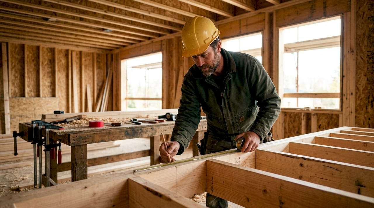 Carpenter measuring timber joists at build site