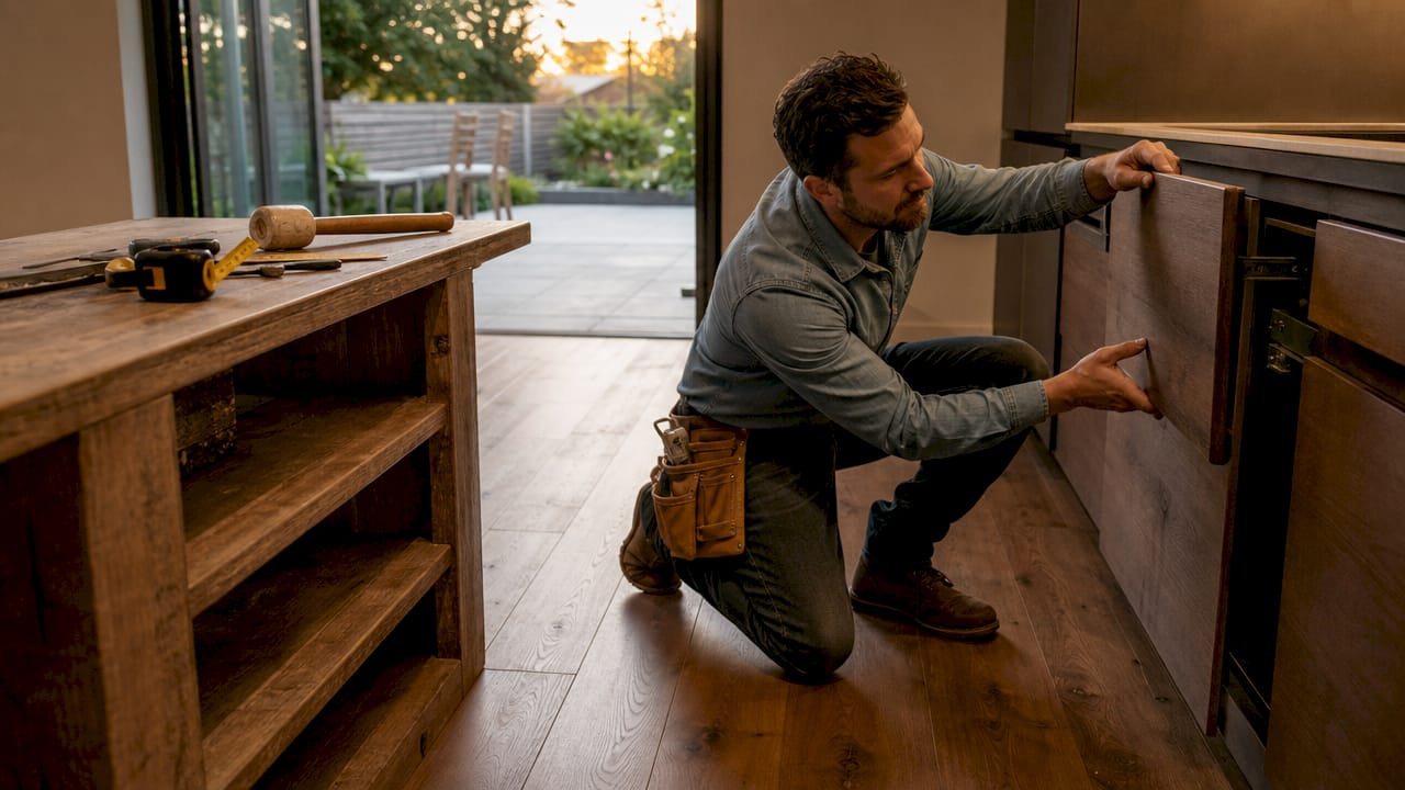 Joiner fitting bespoke wooden cabinetry indoors