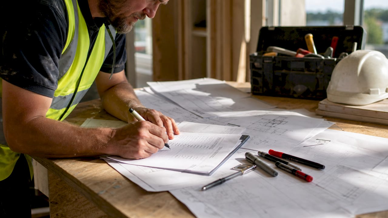 Contractor preparing building quote at construction site workbench