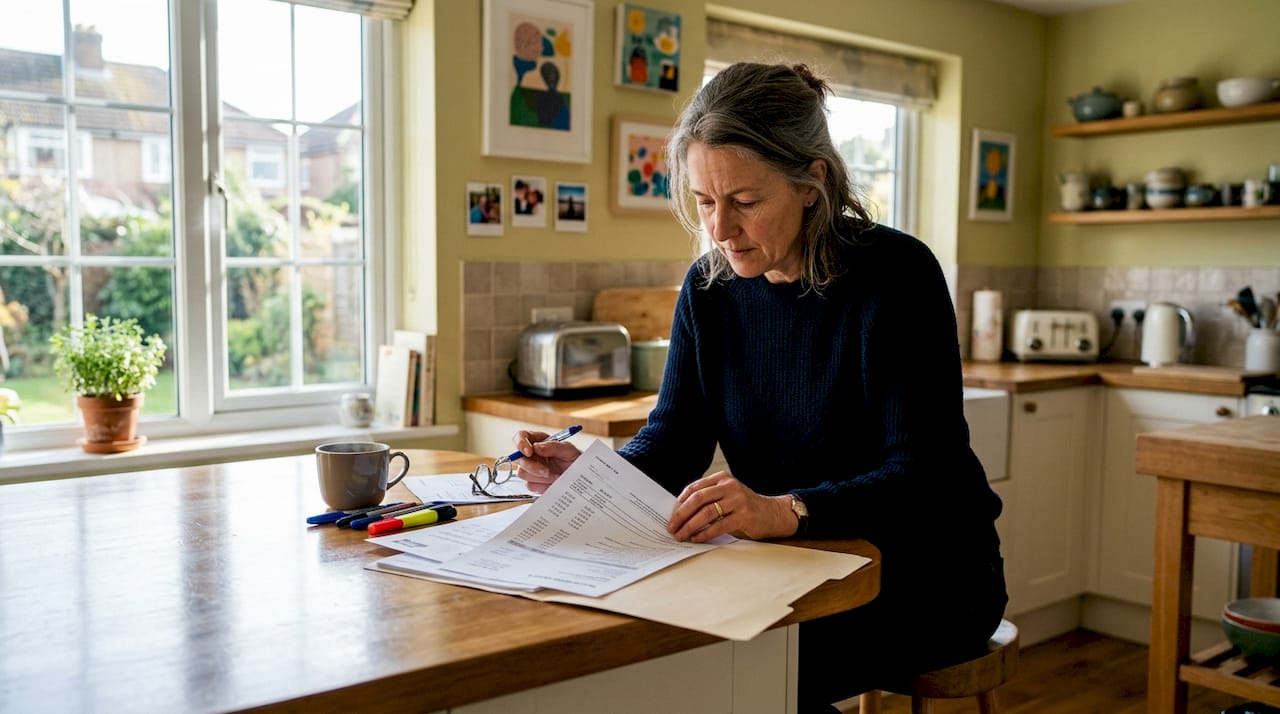 Homeowner reviewing building quote papers at kitchen table