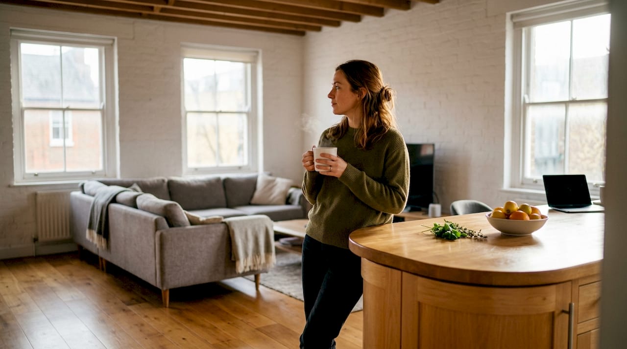 Woman in modern open plan kitchen and lounge