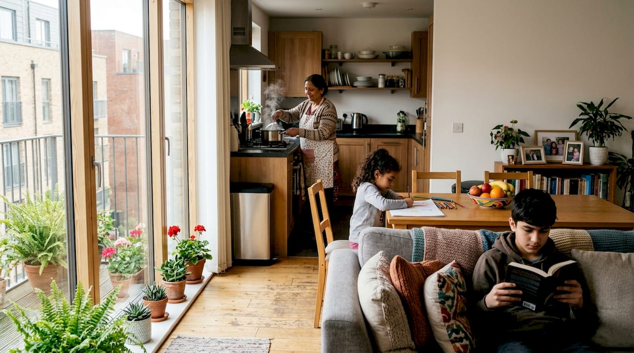Family interacting in open plan living area