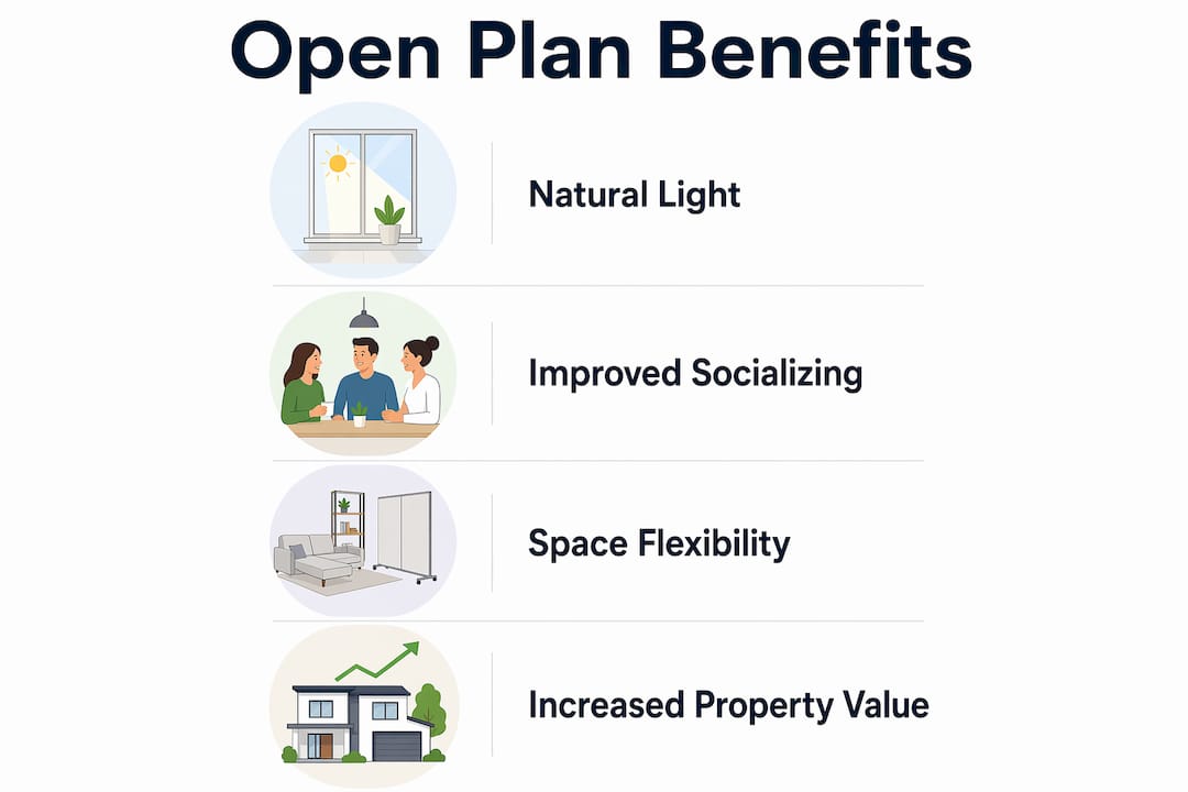 Infographic of main benefits of open plan living