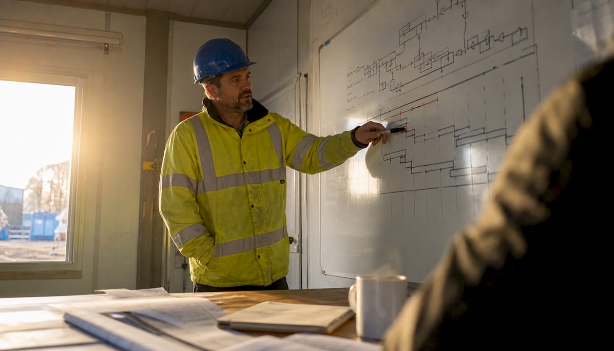 Project manager explaining critical path on whiteboard