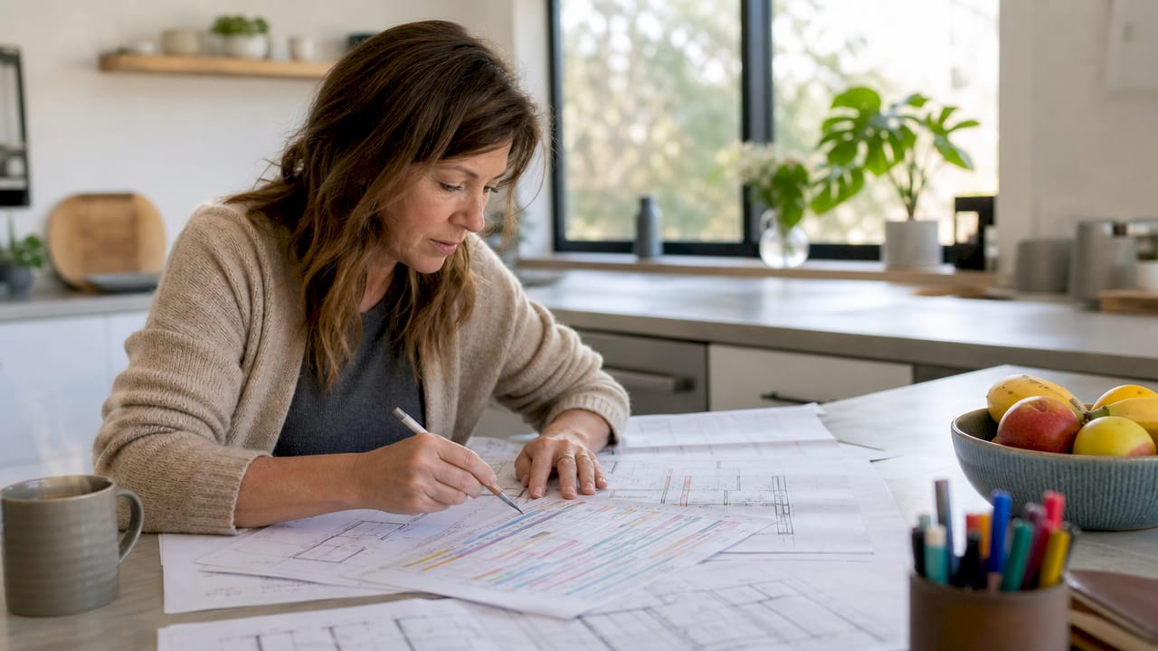 Homeowner reviewing printed construction schedule