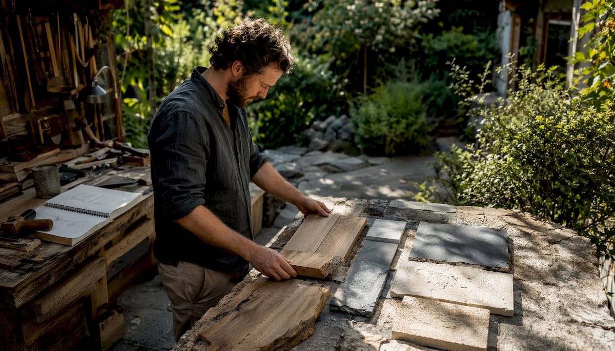 Hands selecting natural material samples for interiors