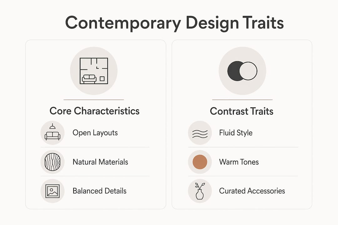 Infographic comparing core and contrast traits of contemporary design