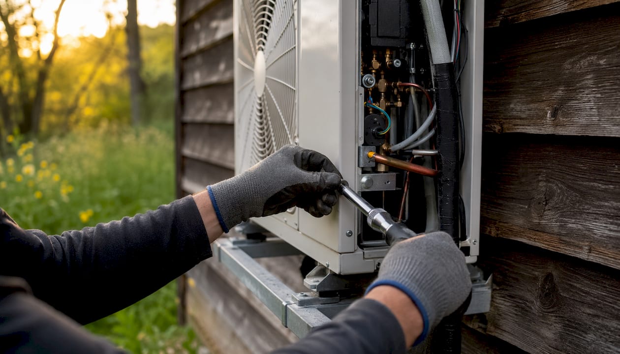 Technician working on air source heat pump