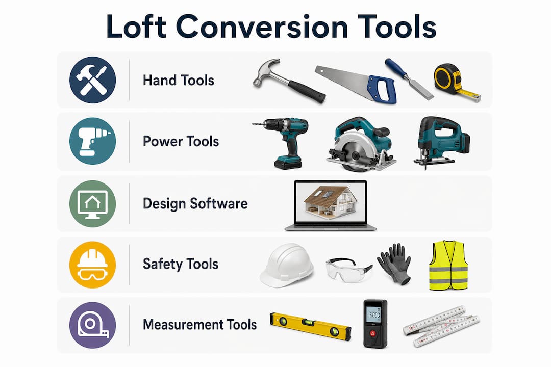 Infographic showing key loft conversion tools categories