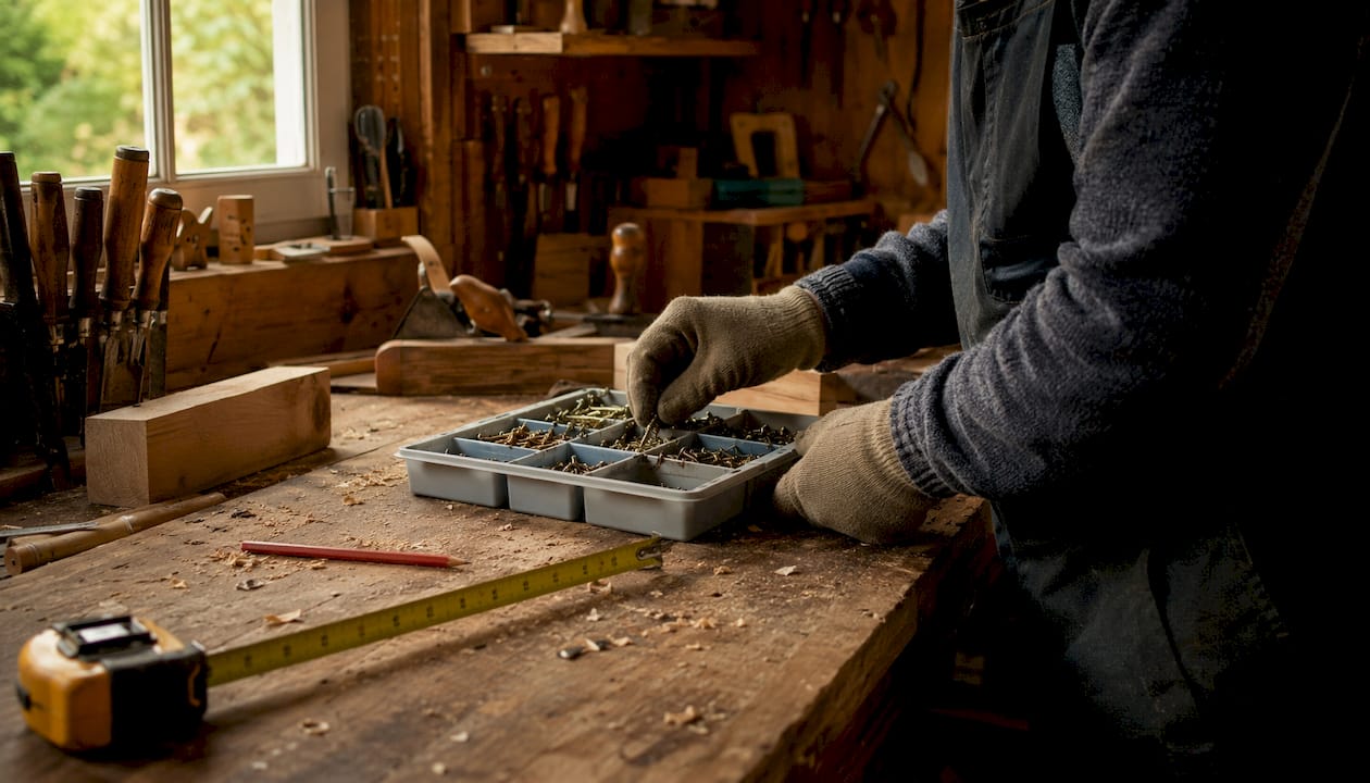 Close-up of screw kit and hand tools on workbench