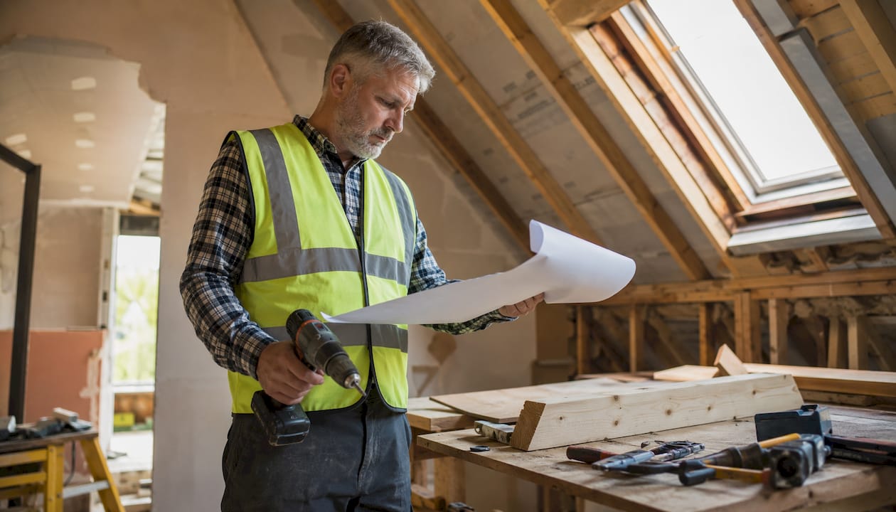 Tradesman in loft conversion workspace UK