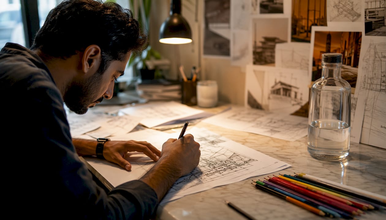 Architect sketching building plans in studio
