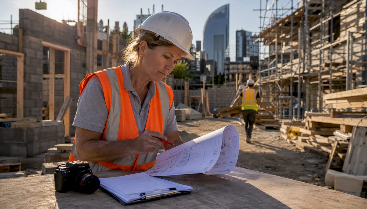 Building inspector reviewing regulations on site