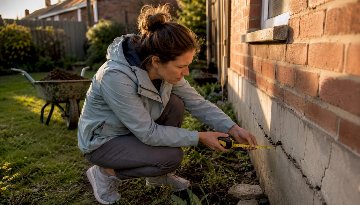 Homeowner measuring foundation crack outside house