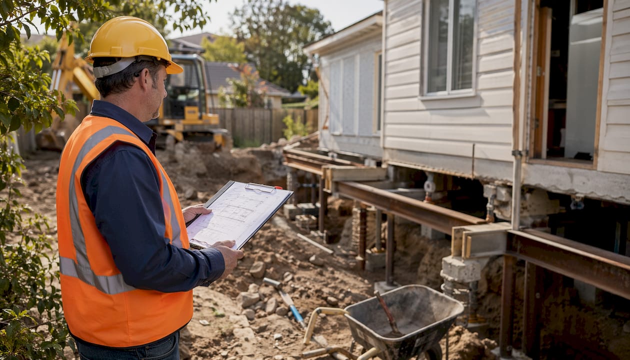 Engineer inspecting house underpinning work outdoors