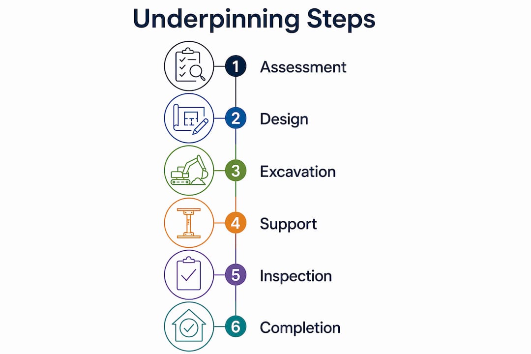 Infographic illustrating house underpinning main steps