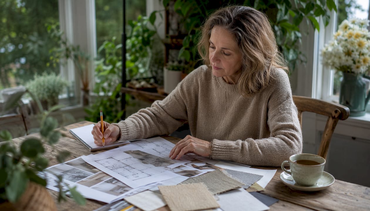 Homeowner reviewing renovation plans at kitchen table