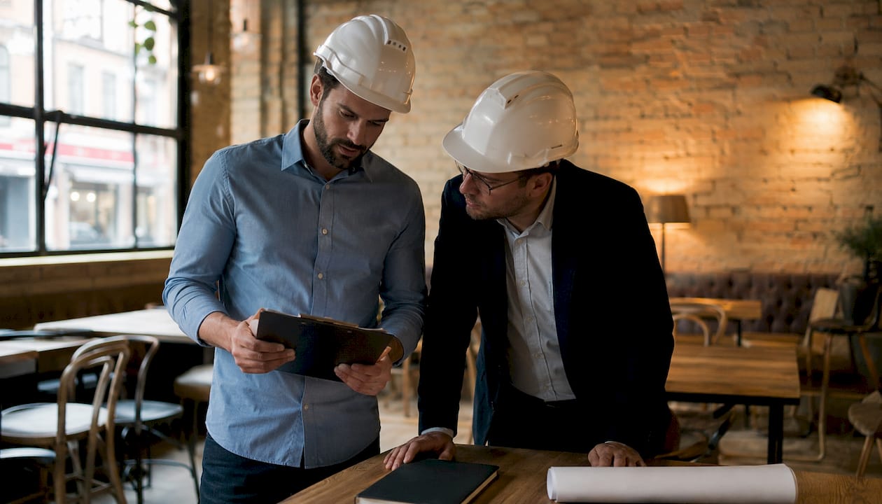 Construction professionals discussing plans on site