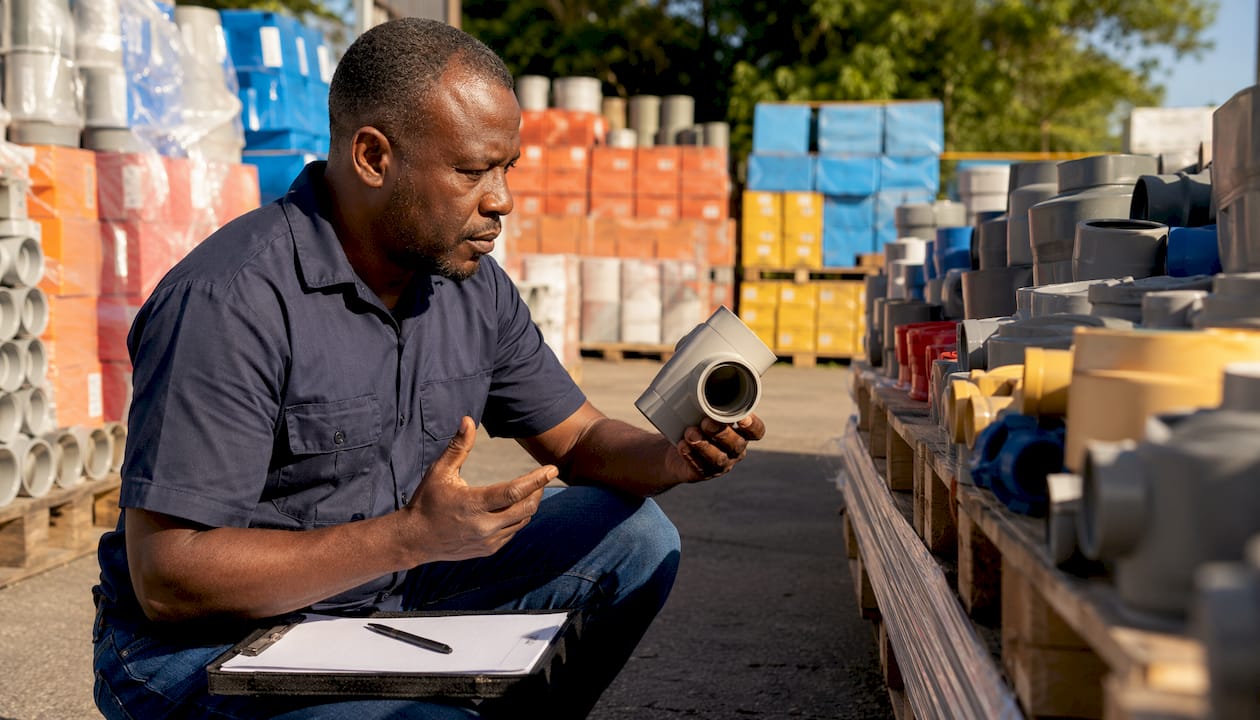 Supplier inspecting plumbing fixtures in warehouse