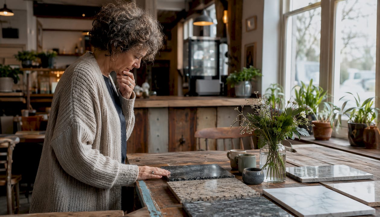 Woman examining kitchen countertop samples indoors