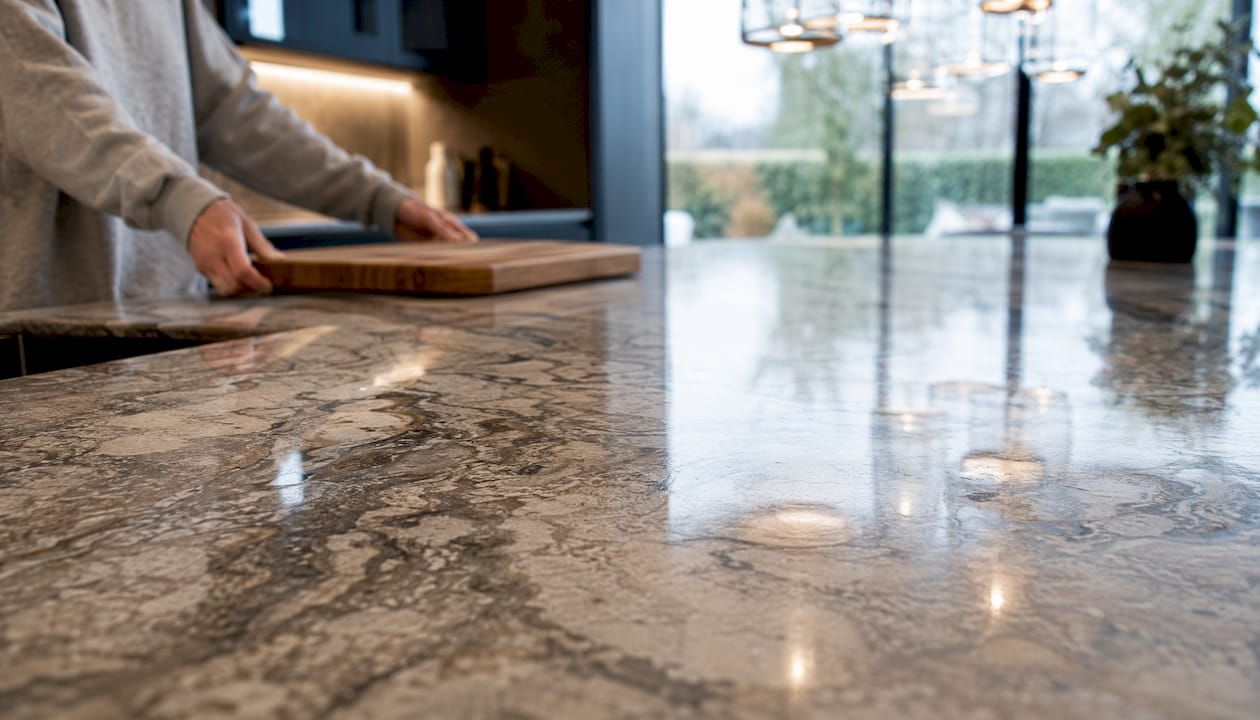 Close-up of polished granite kitchen countertop surface