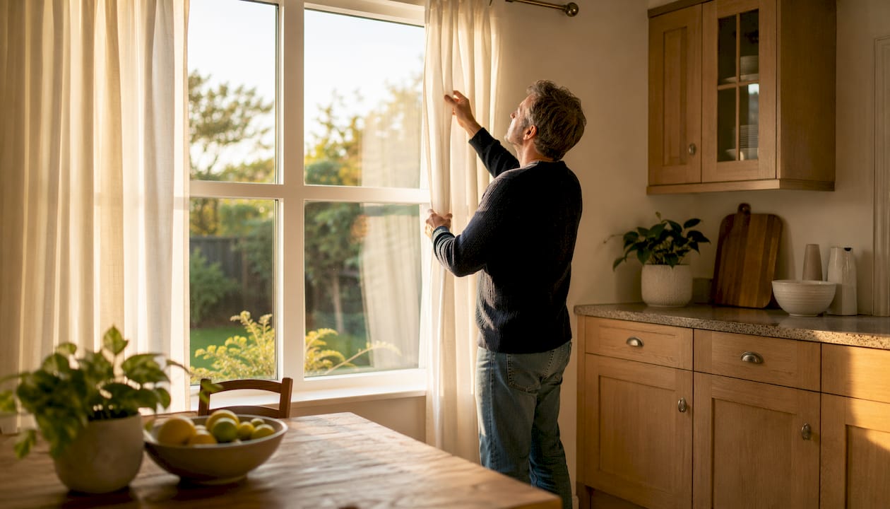 Homeowner adjusting curtains for natural light