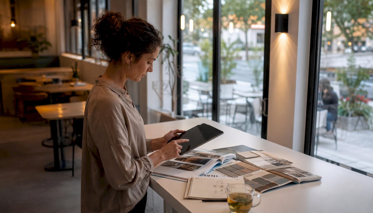 Designer using tablet to control artificial lighting