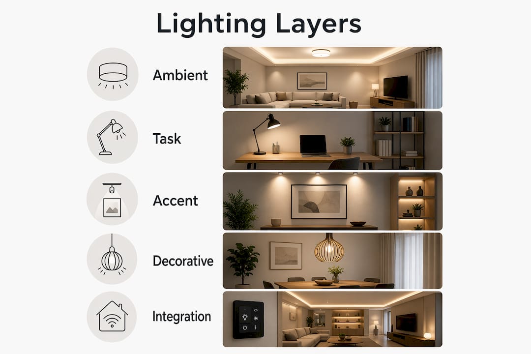 Infographic showing main types and layers of interior lighting