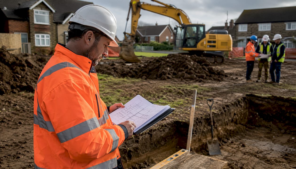 Construction manager inspecting UK foundation site