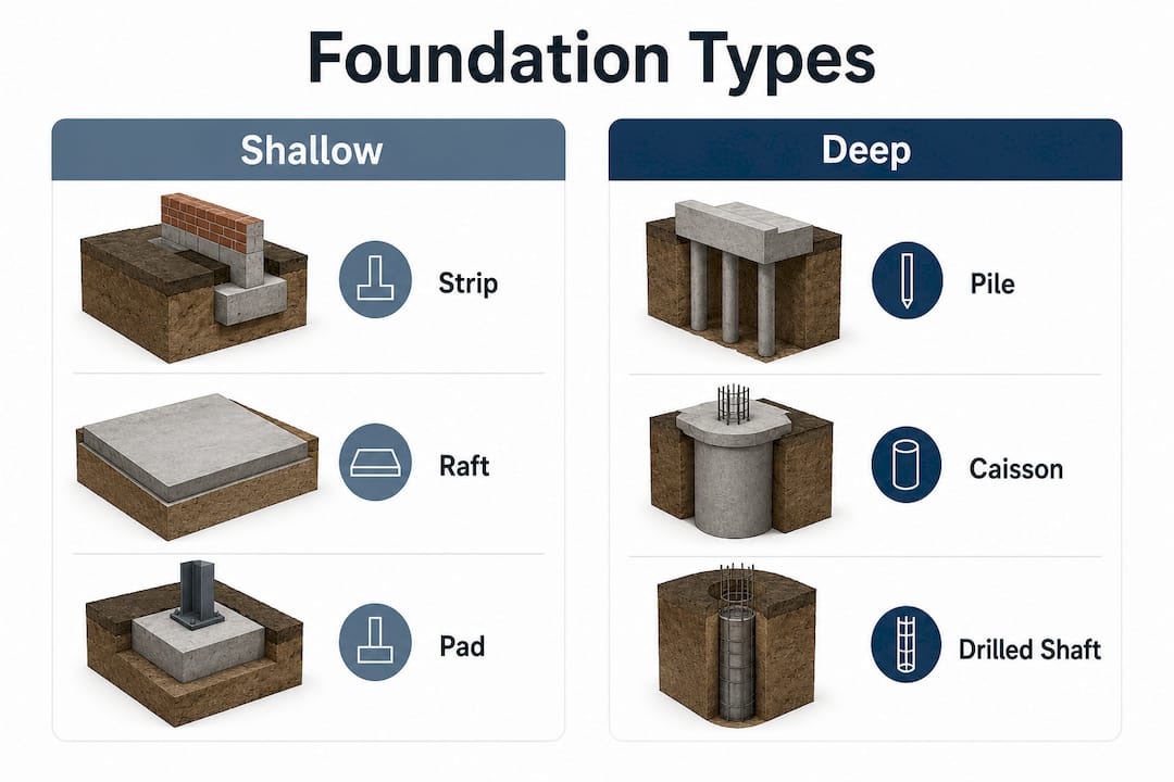 Infographic comparing shallow and deep foundation types