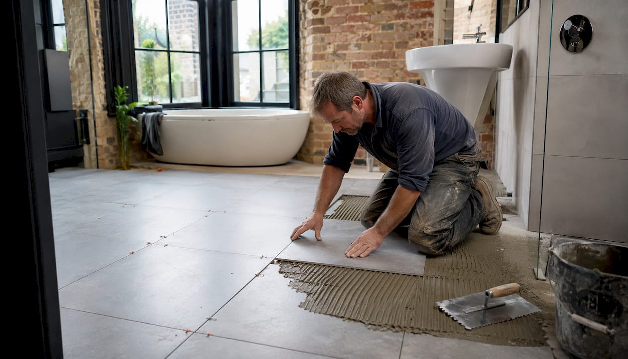 Tiler fitting large-format bathroom floor tiles