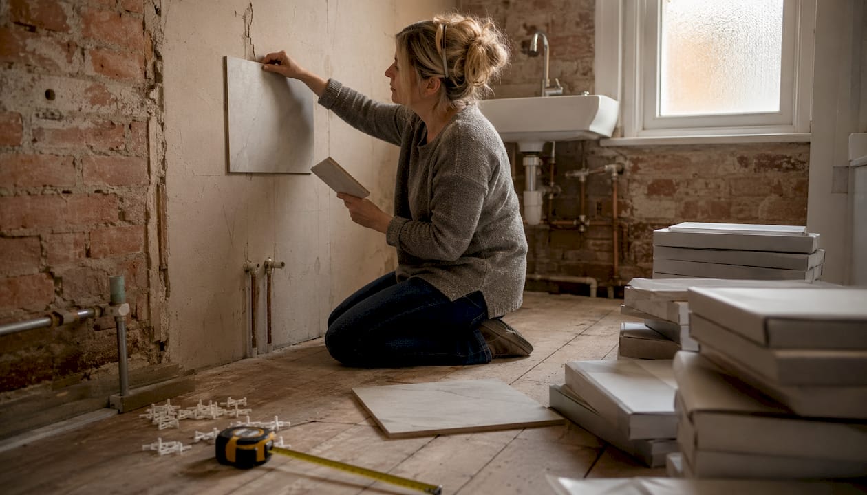 London homeowner examining bathroom tile samples