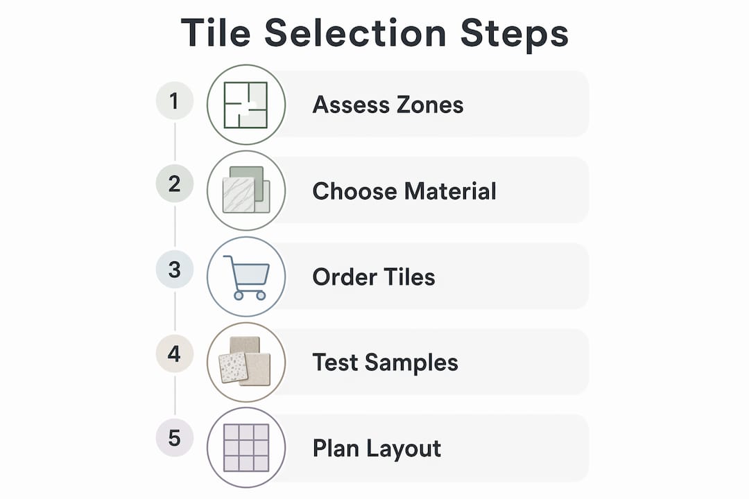 Infographic illustrating bathroom tile selection steps